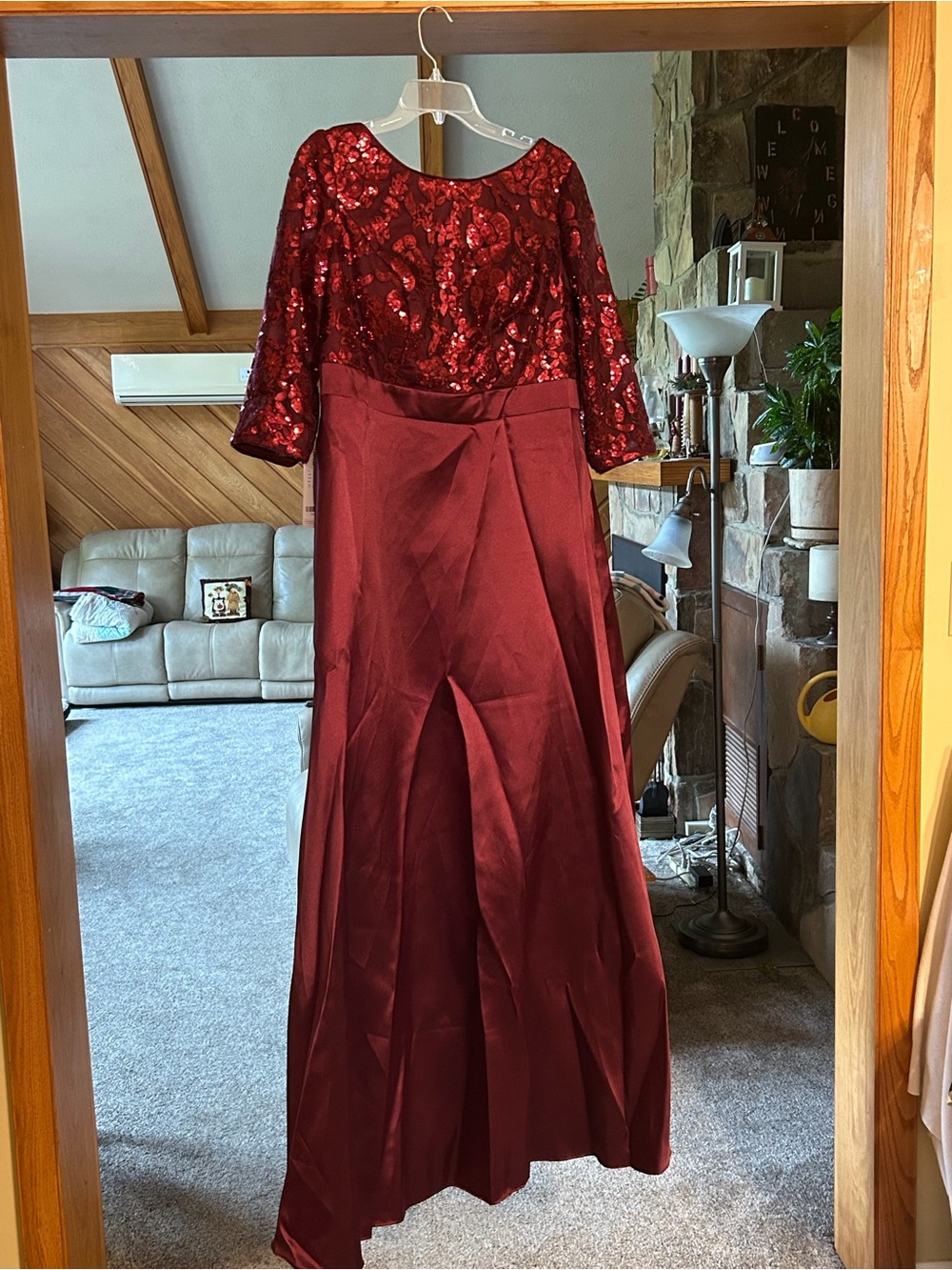 Azazie Burgundy Sequin Bodice Long Sleeve Evening Gown